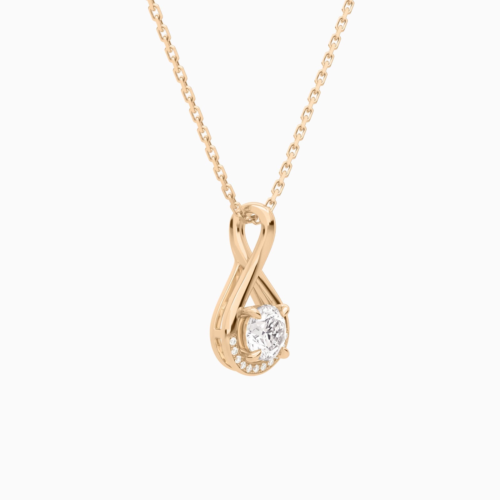 Lab Grown Diamond Round Accented Twist Pendant Necklace In 14K Rose Gold - Front Angle View