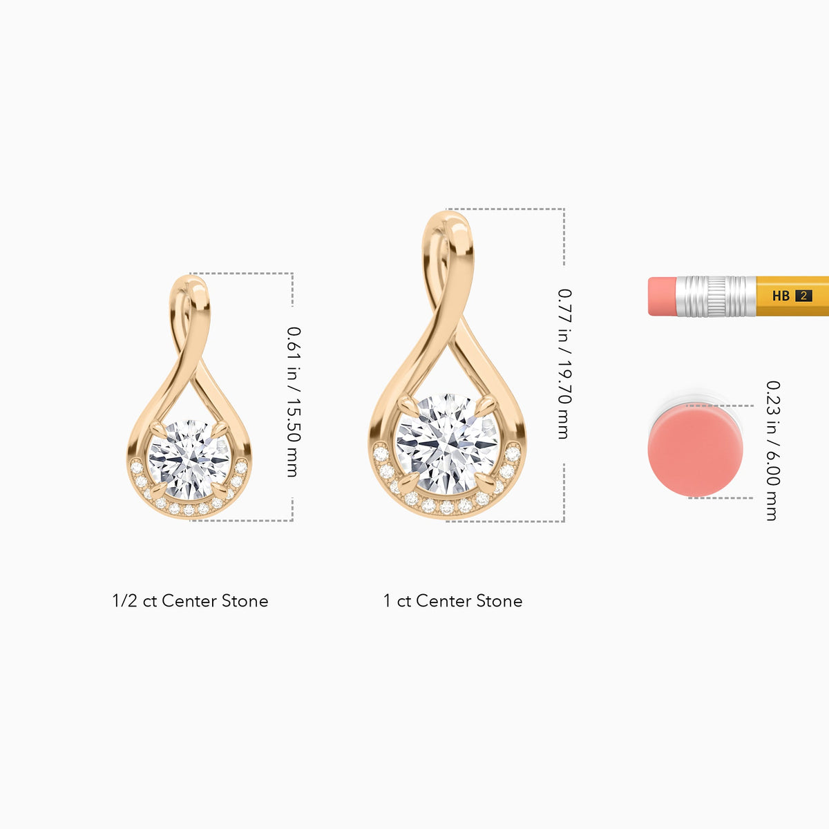 Lab Grown Diamond Round Accented Twist Pendant Necklace In 14K Rose Gold - Size Comparison