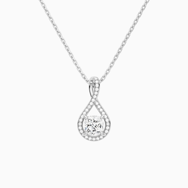 Lab Grown Diamond Cushion Halo Pavé Twist Pendant Necklace In Platinum - Lucenjuri