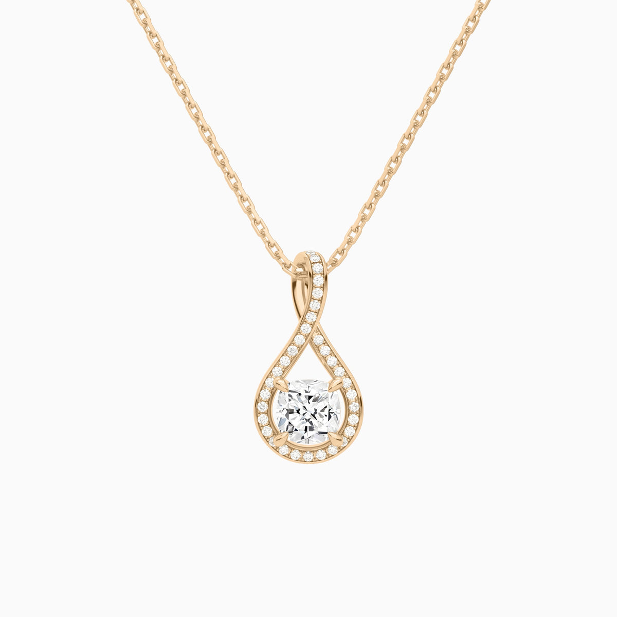 Lab Grown Diamond Cushion Halo Pavé Twist Pendant Necklace In 14K Rose Gold - Lucenjuri