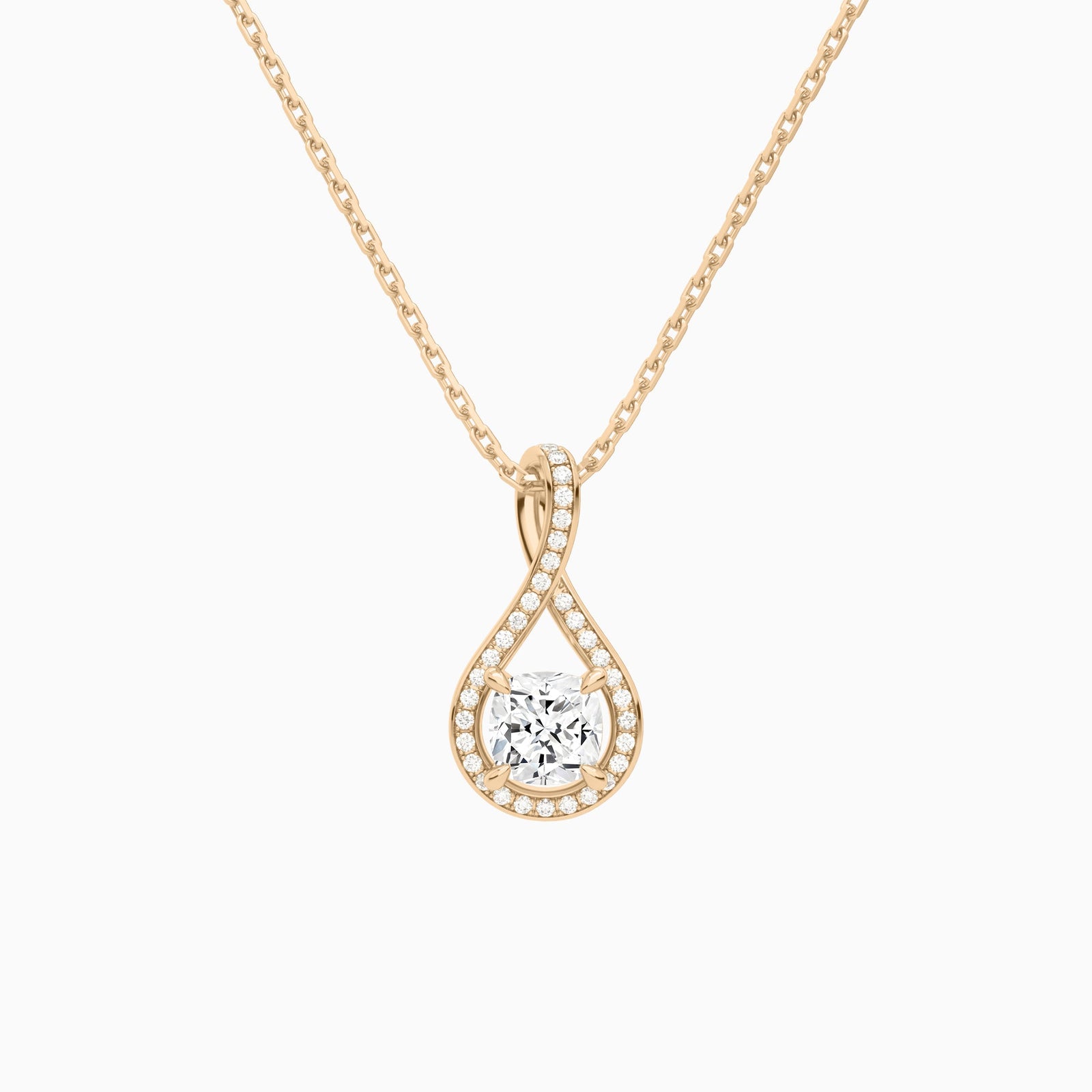 Lab Grown Diamond Cushion Halo Pavé Twist Pendant Necklace In 14K Rose Gold - Lucenjuri