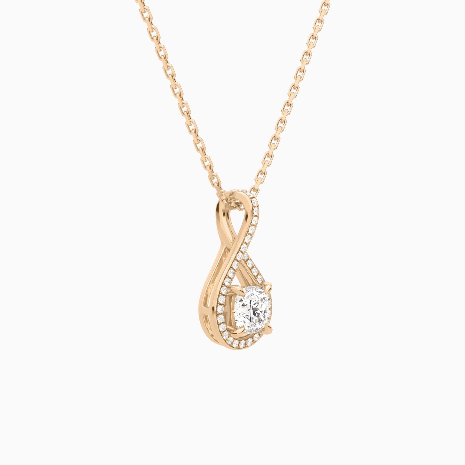 Lab Grown Diamond Cushion Halo Pavé Twist Pendant Necklace In 14K Rose Gold - Front Angle View