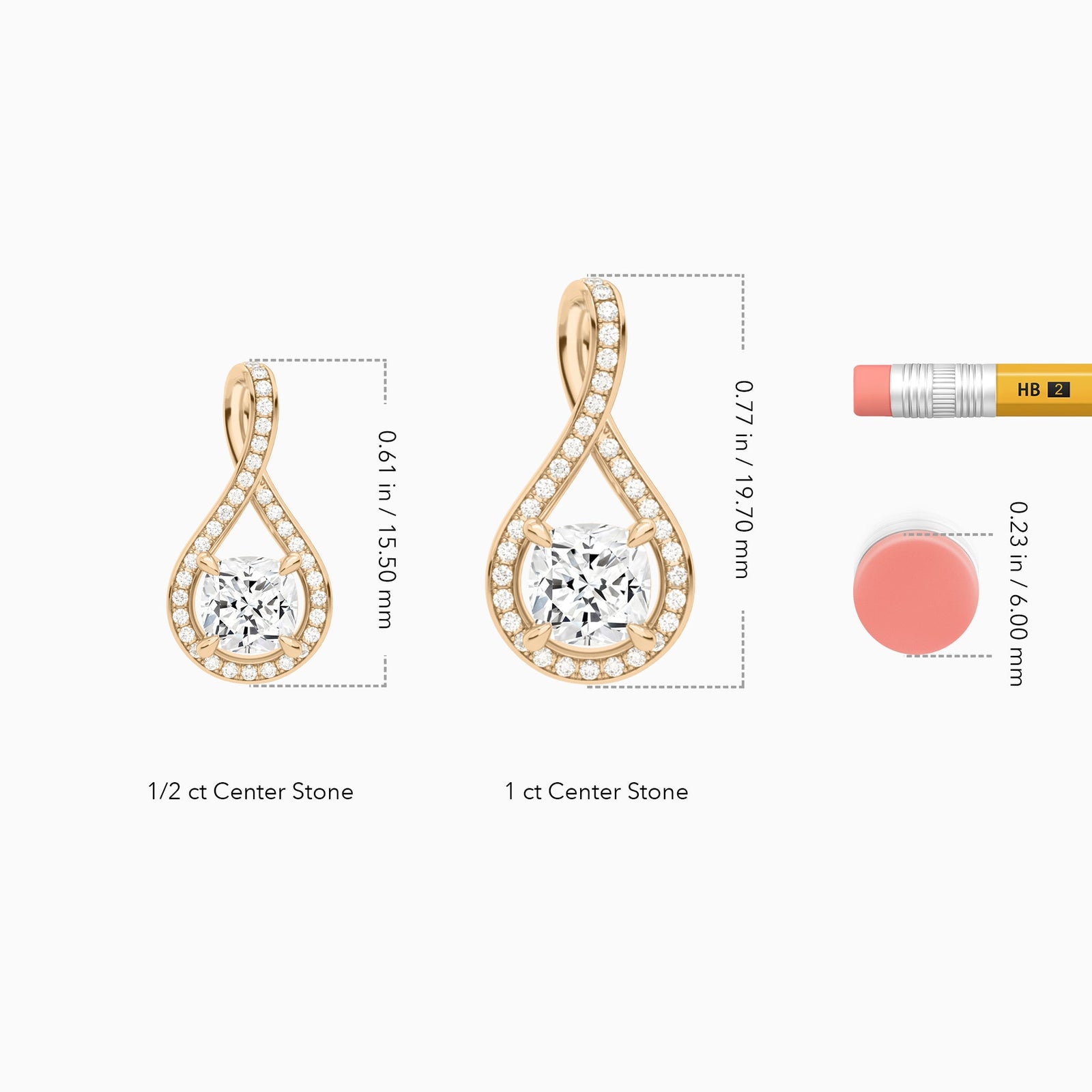 Lab Grown Diamond Cushion Halo Pavé Twist Pendant Necklace In 14K Rose Gold - Size Comparison
