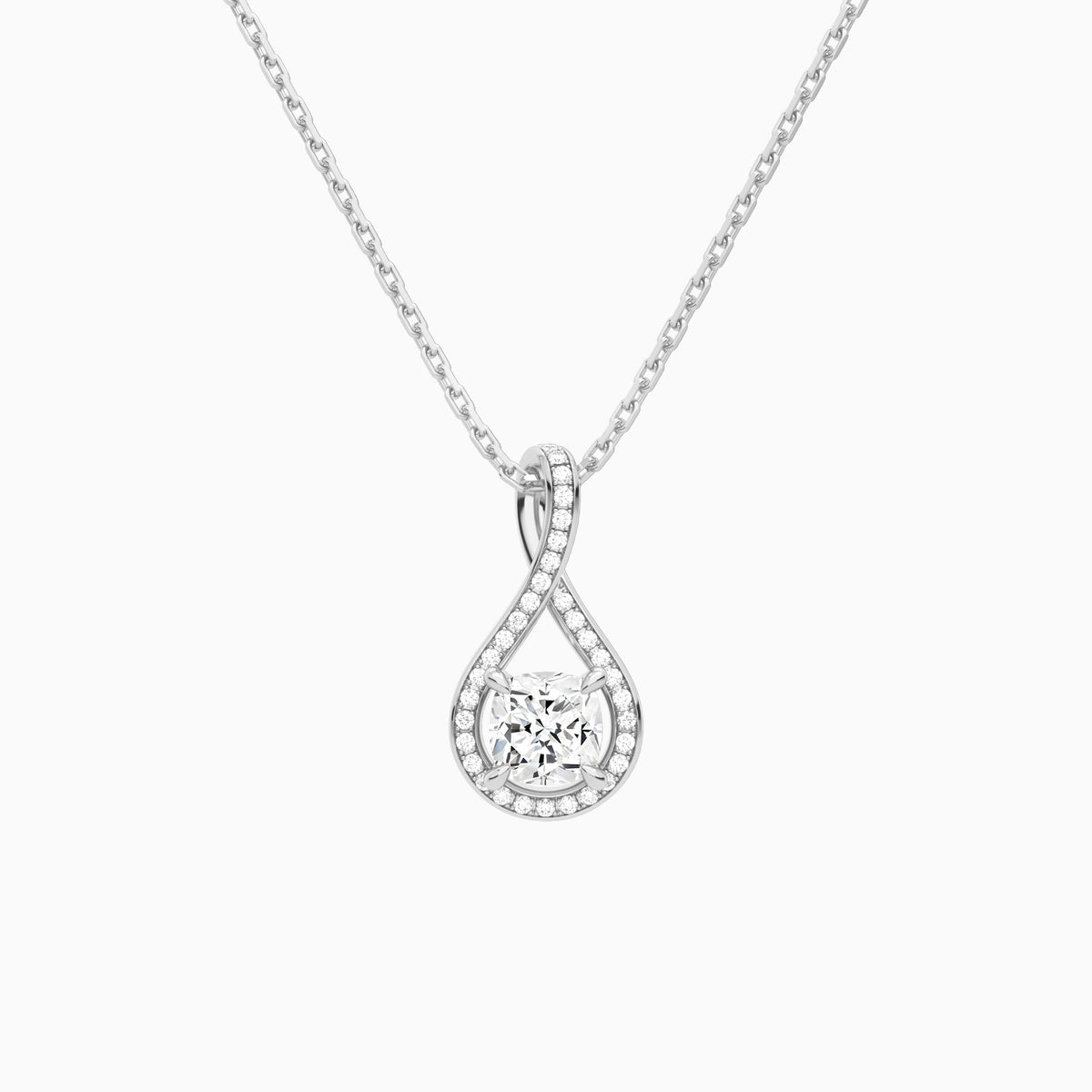 Lab Grown Diamond Cushion Halo Pavé Twist Pendant Necklace In 18K White Gold - Lucenjuri