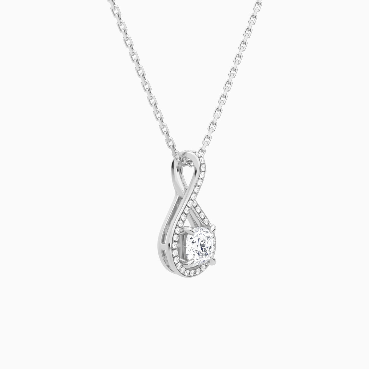 Lab Grown Diamond Cushion Halo Pavé Twist Pendant Necklace In 14K White Gold - Front Angle View