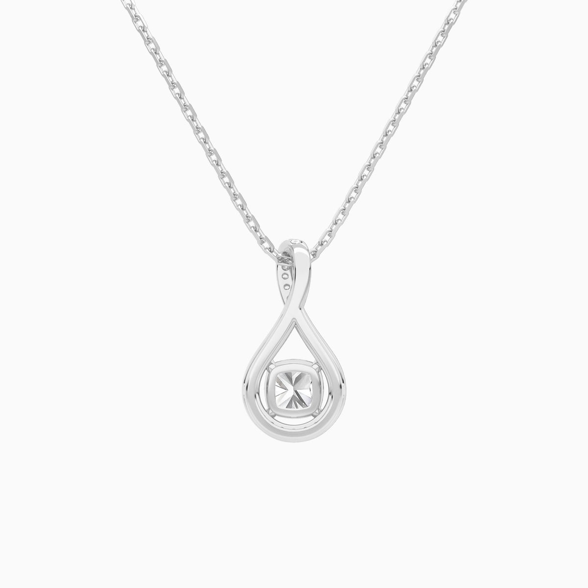 Lab Grown Diamond Cushion Halo Pavé Twist Pendant Necklace In 14K White Gold - Back View