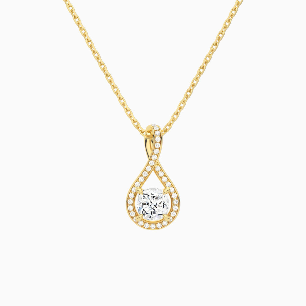 Lab Grown Diamond Cushion Halo Pavé Twist Pendant Necklace In 14K Yellow Gold - Lucenjuri
