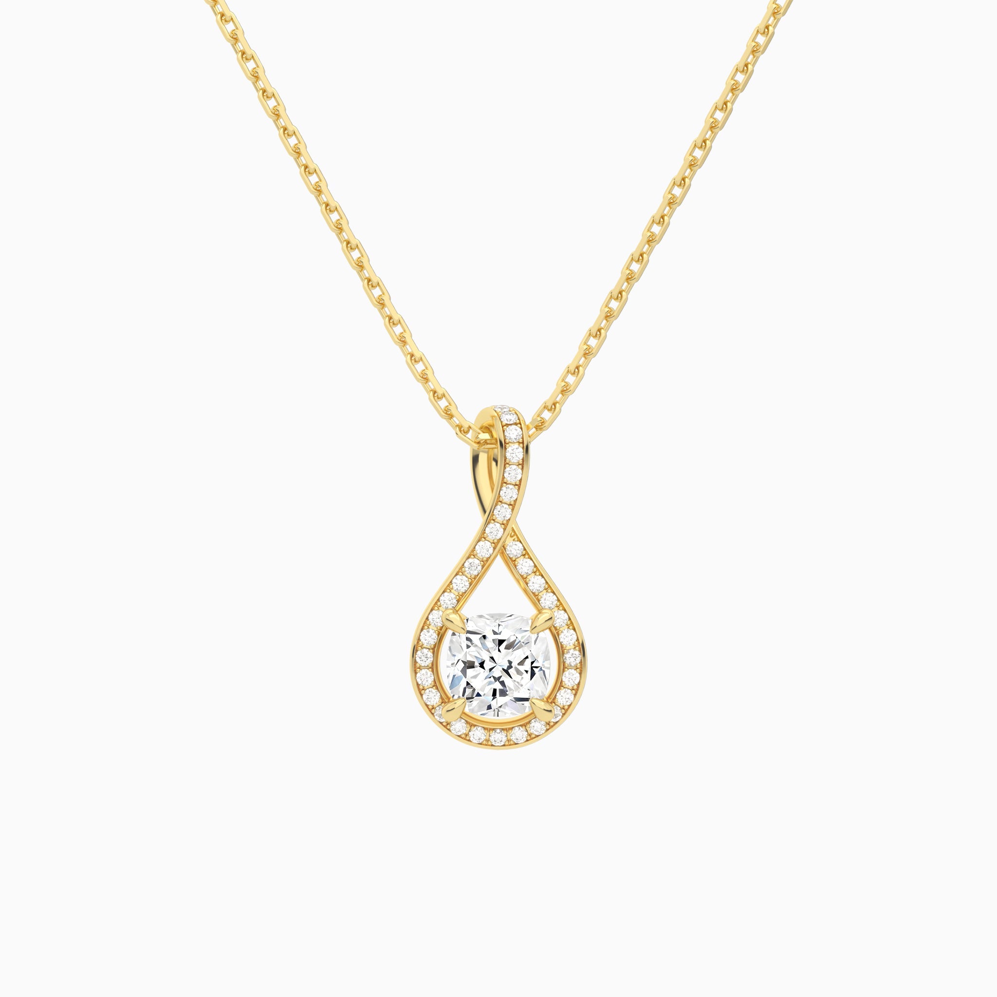 Lab Grown Diamond Cushion Halo Pavé Twist Pendant Necklace In 14K Yellow Gold - Lucenjuri