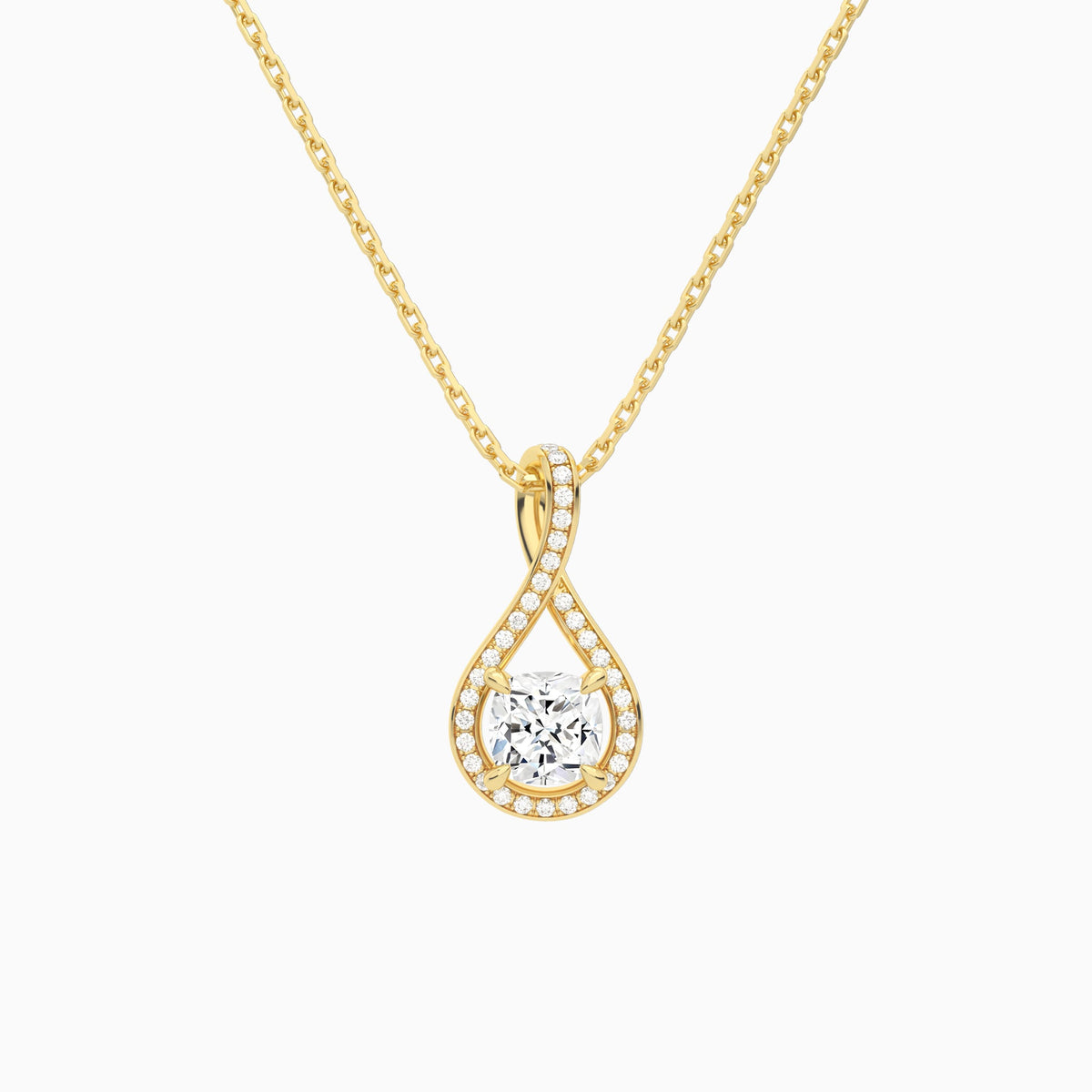 Lab Grown Diamond Cushion Halo Pavé Twist Pendant Necklace In 18K Yellow Gold - Lucenjuri