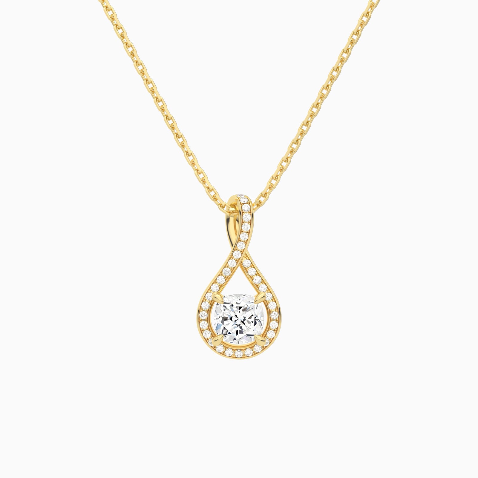 Lab Grown Diamond Cushion Halo Pavé Twist Pendant Necklace In 18K Yellow Gold - Lucenjuri