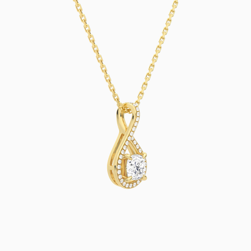 Lab Grown Diamond Cushion Halo Pavé Twist Pendant Necklace In 14K Yellow Gold - Front Angle View
