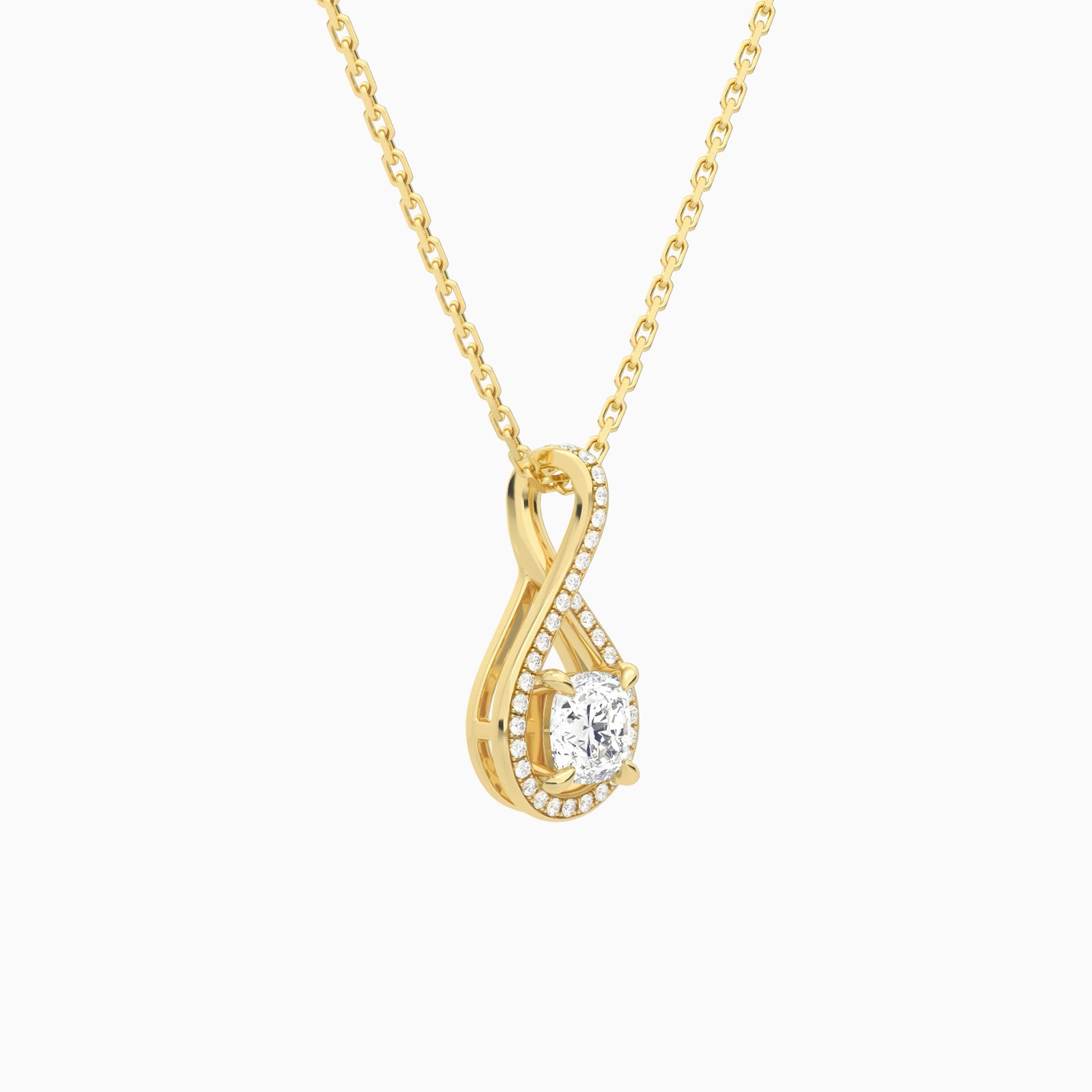 Lab Grown Diamond Cushion Halo Pavé Twist Pendant Necklace In 18K Yellow Gold - Front Angle View