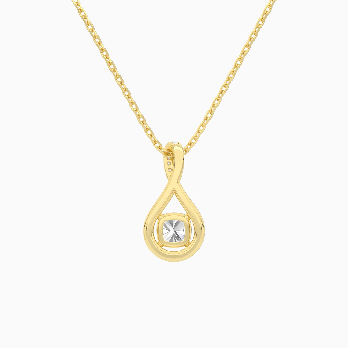 Lab Grown Diamond Cushion Halo Pavé Twist Pendant Necklace In 14K Yellow Gold - Back View