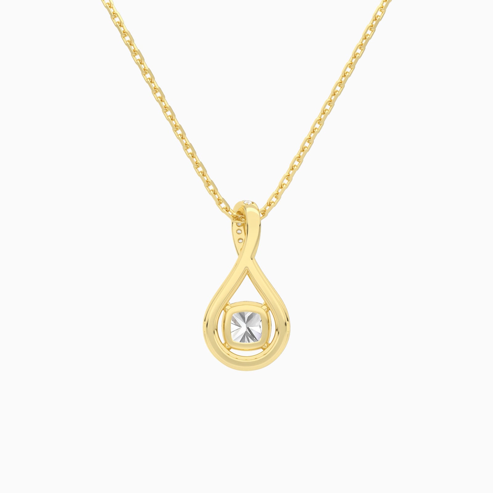 Lab Grown Diamond Cushion Halo Pavé Twist Pendant Necklace In 18K Yellow Gold - Back View
