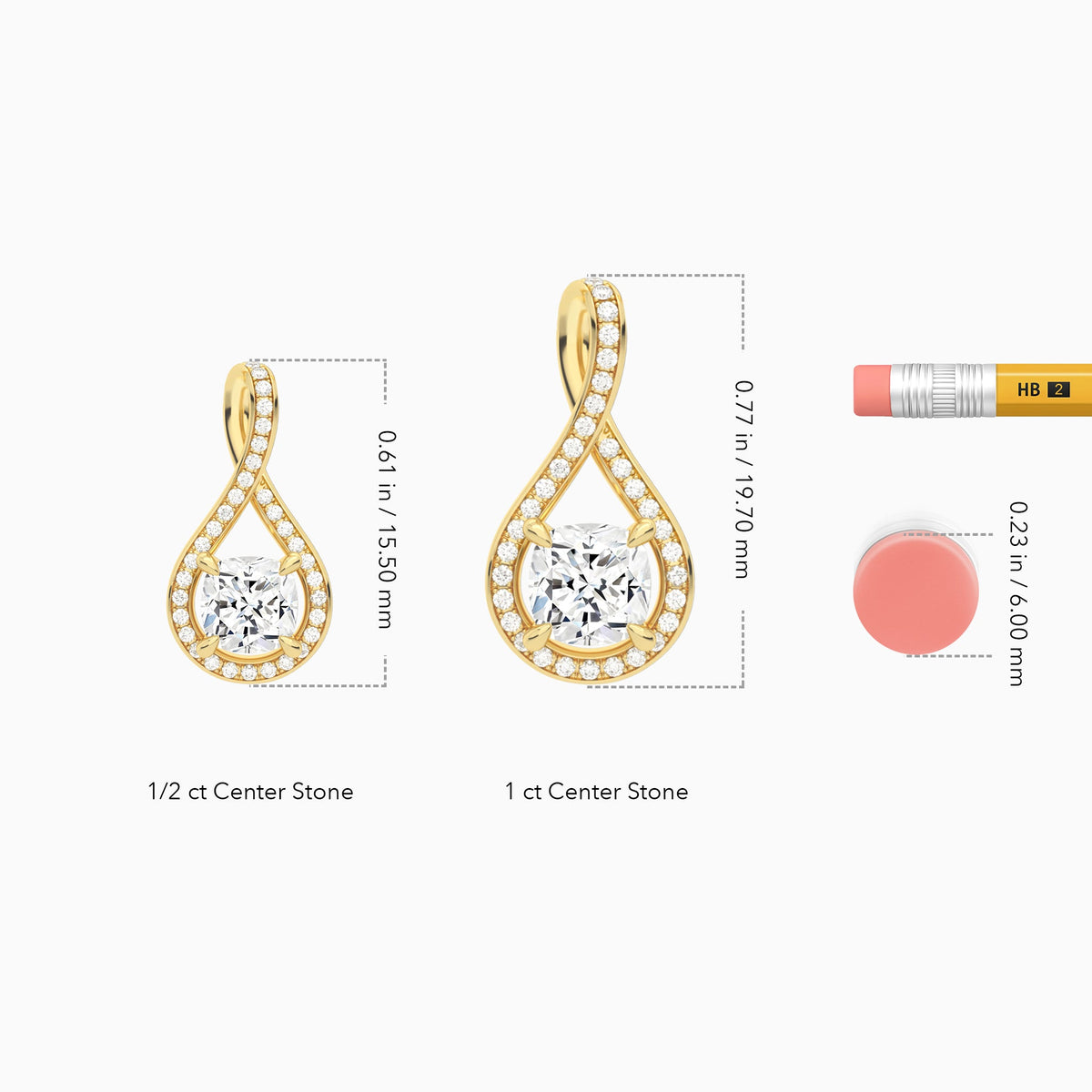 Lab Grown Diamond Cushion Halo Pavé Twist Pendant Necklace In 14K Yellow Gold - Size Comparison