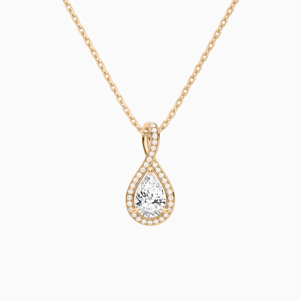 Lab Grown Diamond Pear Halo Pavé Twist Pendant Necklace In 14K Rose Gold - Lucenjuri