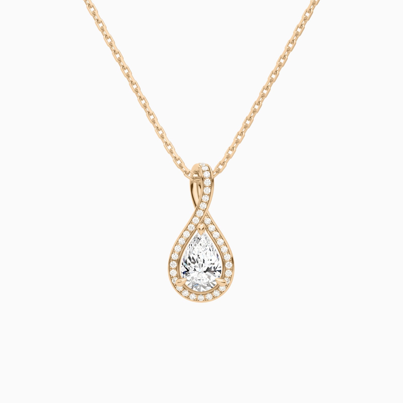Lab Grown Diamond Pear Halo Pavé Twist Pendant Necklace In 14K Rose Gold - Lucenjuri