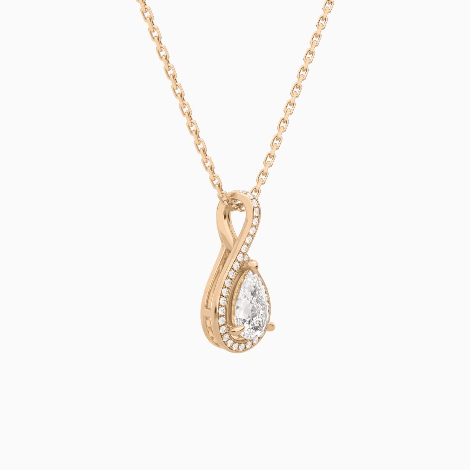 Lab Grown Diamond Pear Halo Pavé Twist Pendant Necklace In 14K Rose Gold - Front Angle View