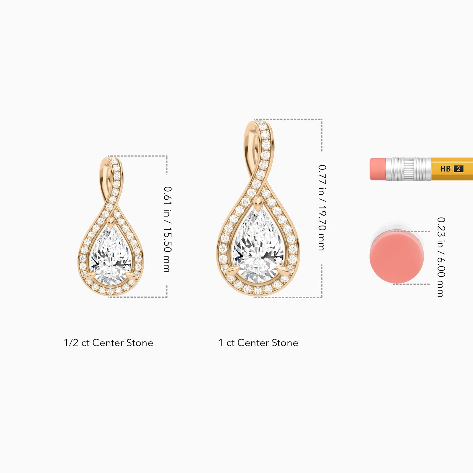 Lab Grown Diamond Pear Halo Pavé Twist Pendant Necklace In 14K Rose Gold - Size Comparison