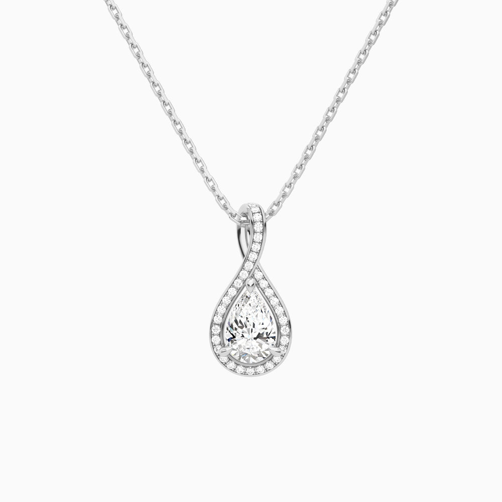 Lab Grown Diamond Pear Halo Pavé Twist Pendant Necklace In 14K White Gold - Lucenjuri