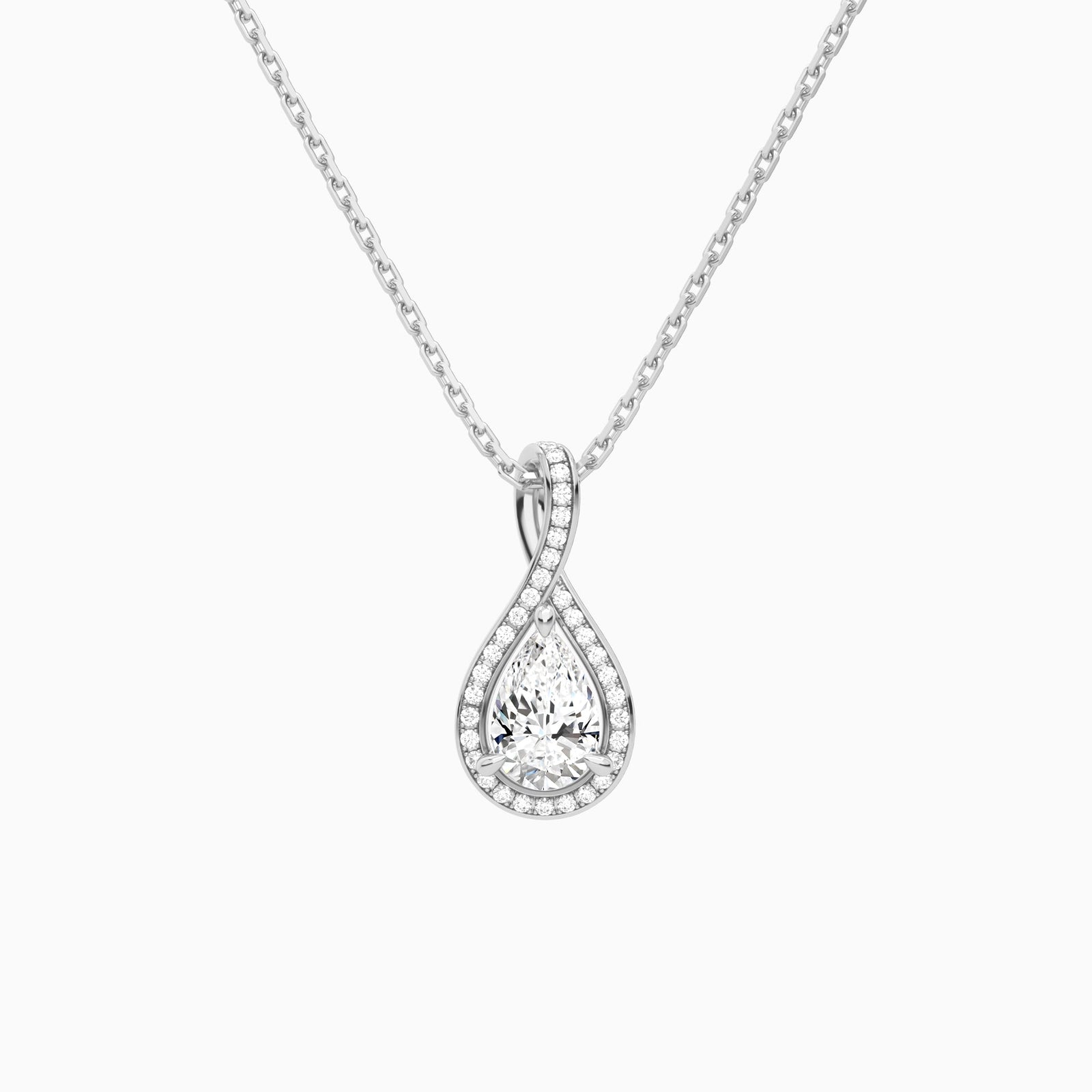 Lab Grown Diamond Pear Halo Pavé Twist Pendant Necklace In 14K White Gold - Lucenjuri