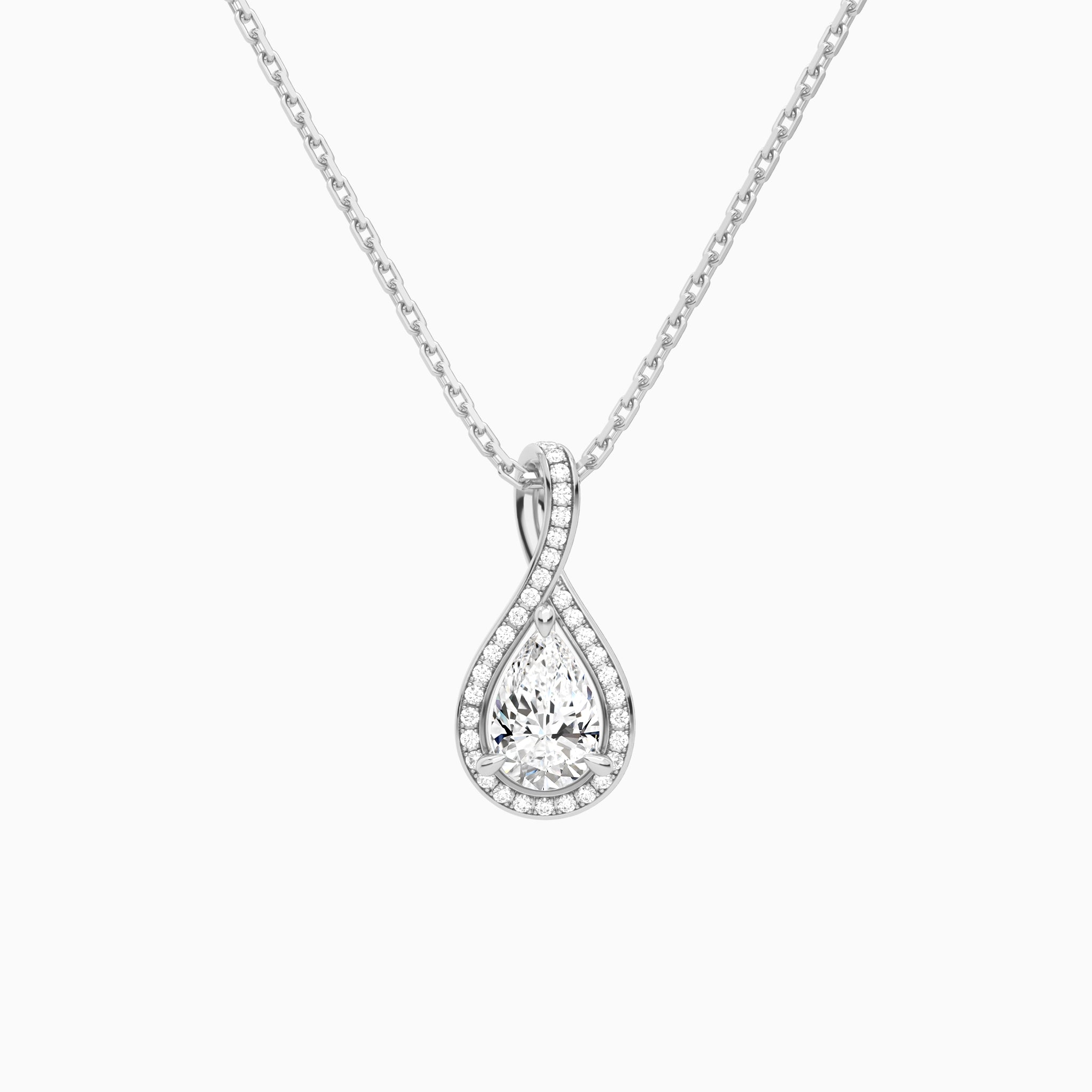 Lab Grown Diamond Pear Halo Pavé Twist Pendant Necklace In 14K White Gold - Lucenjuri