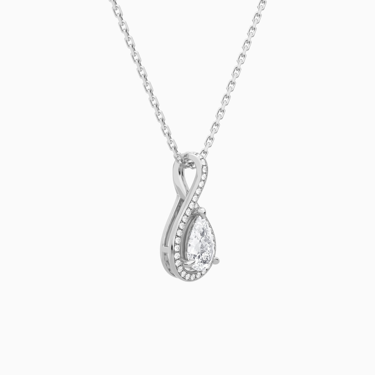 Lab Grown Diamond Pear Halo Pavé Twist Pendant Necklace In 18K White Gold - Front Angle View