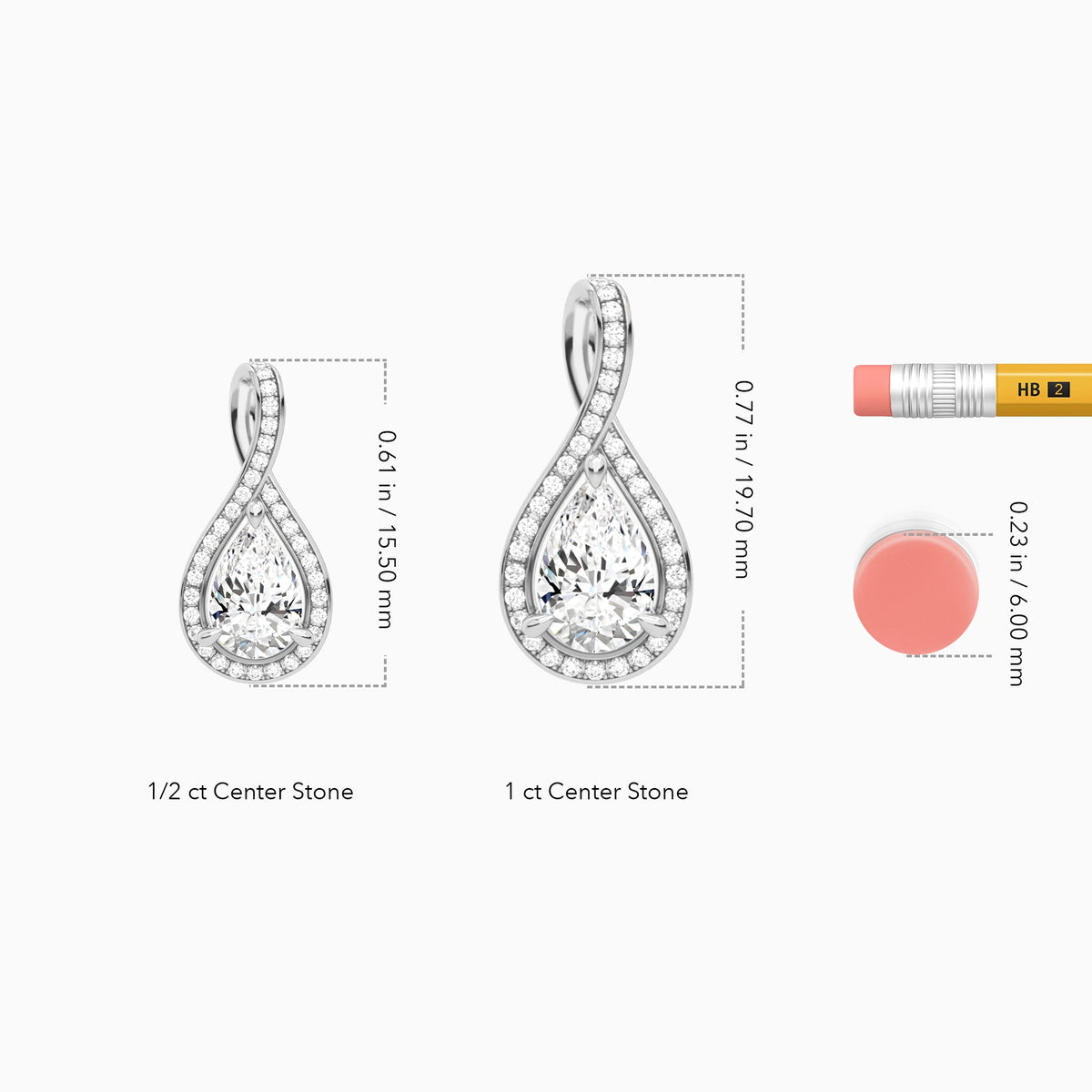 Lab Grown Diamond Pear Halo Pavé Twist Pendant Necklace In 18K White Gold - Size Comparison