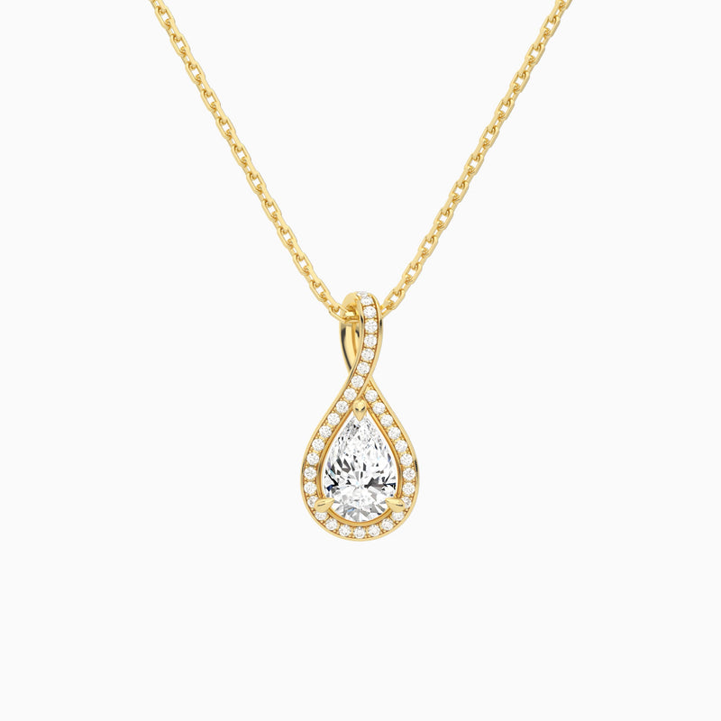 Lab Grown Diamond Pear Halo Pavé Twist Pendant Necklace In 18K Yellow Gold - Lucenjuri