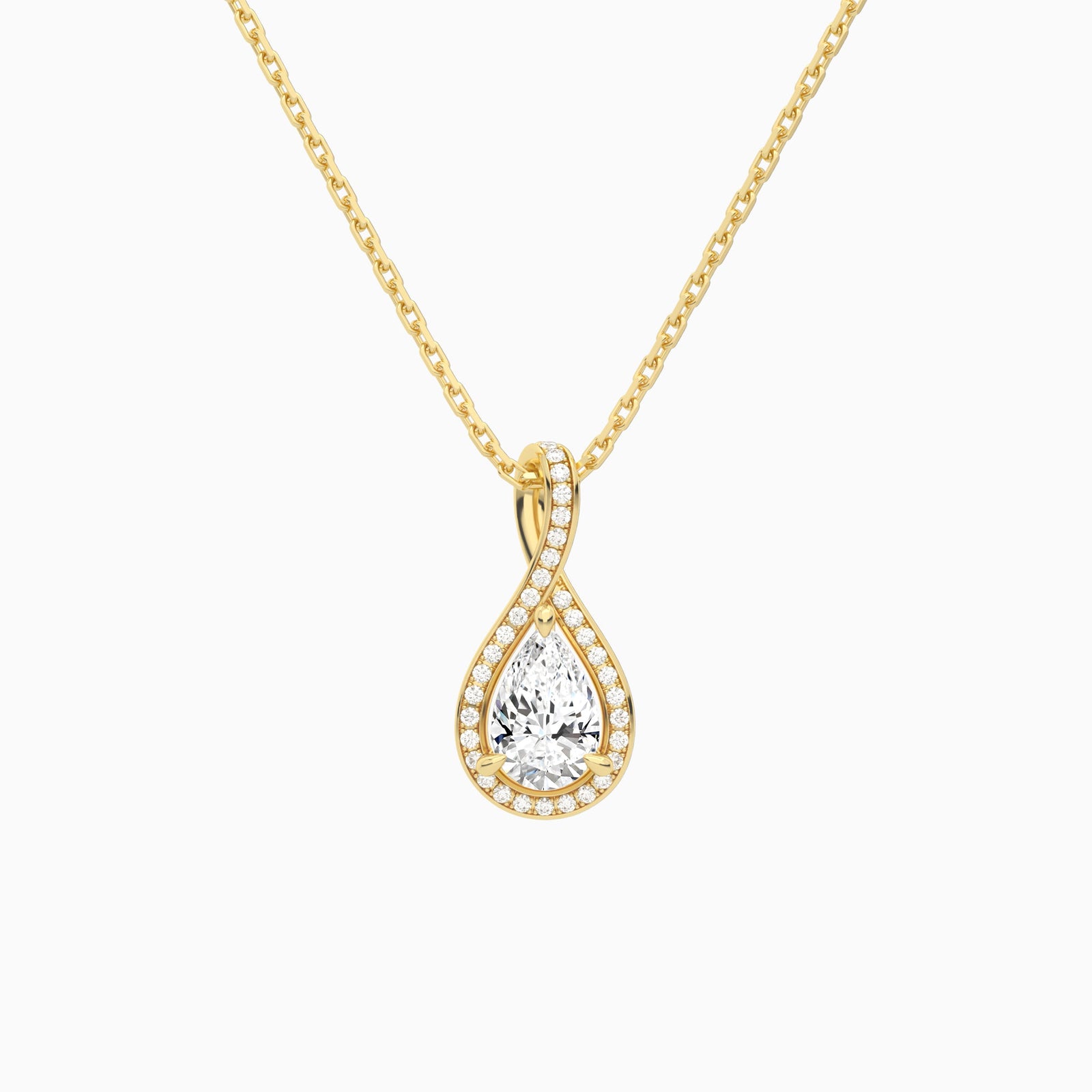 Lab Grown Diamond Pear Halo Pavé Twist Pendant Necklace In 18K Yellow Gold - Lucenjuri