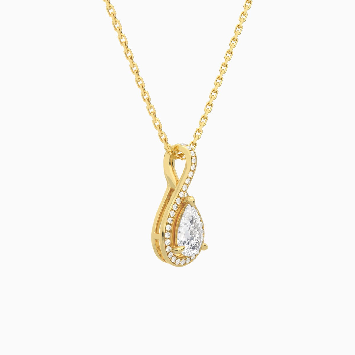 Lab Grown Diamond Pear Halo Pavé Twist Pendant Necklace In 14K Yellow Gold - Front Angle View