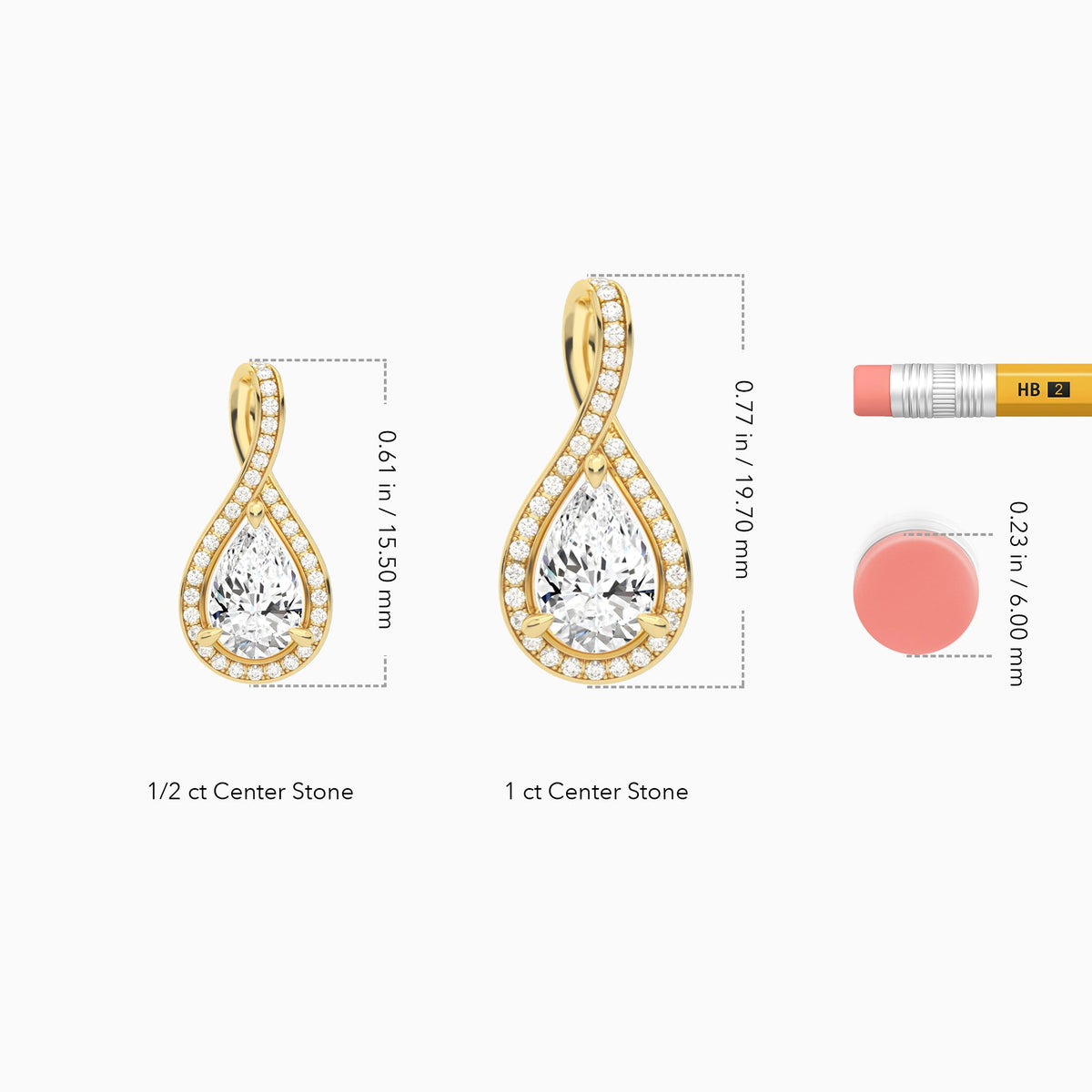 Lab Grown Diamond Pear Halo Pavé Twist Pendant Necklace In 14K Yellow Gold - Size Comparison