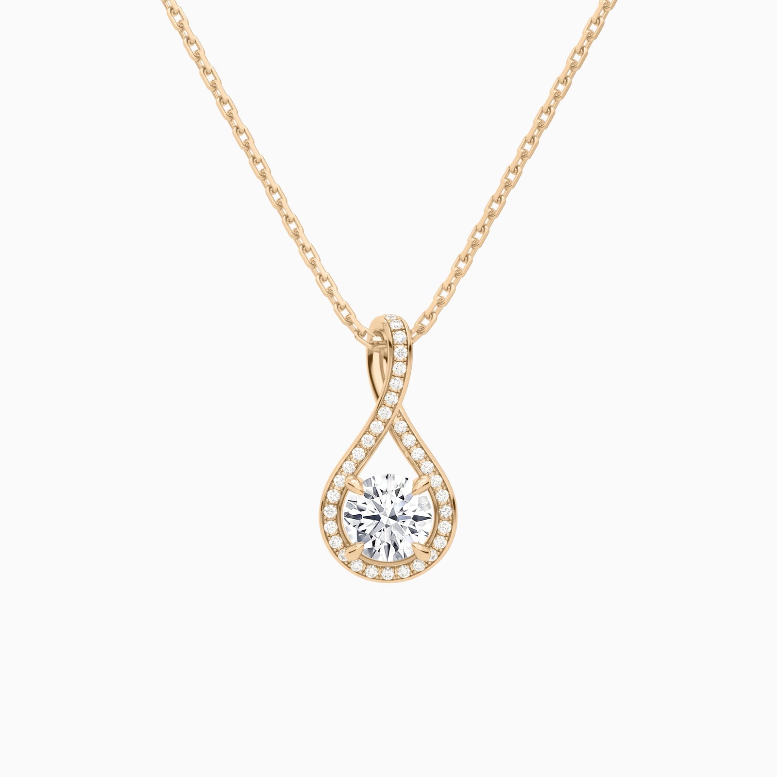 Lab Grown Diamond Round Halo Pavé Twist Pendant Necklace In 14K Rose Gold - Lucenjuri