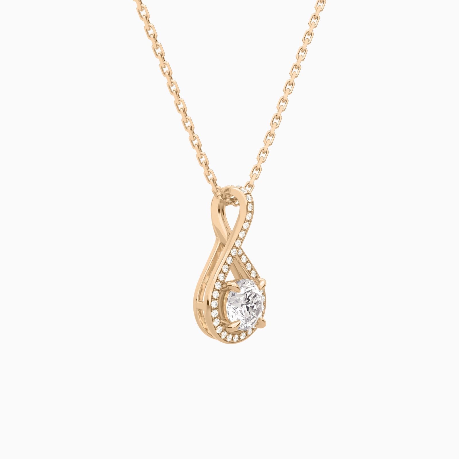 Lab Grown Diamond Round Halo Pavé Twist Pendant Necklace In 14K Rose Gold - Front Angle View