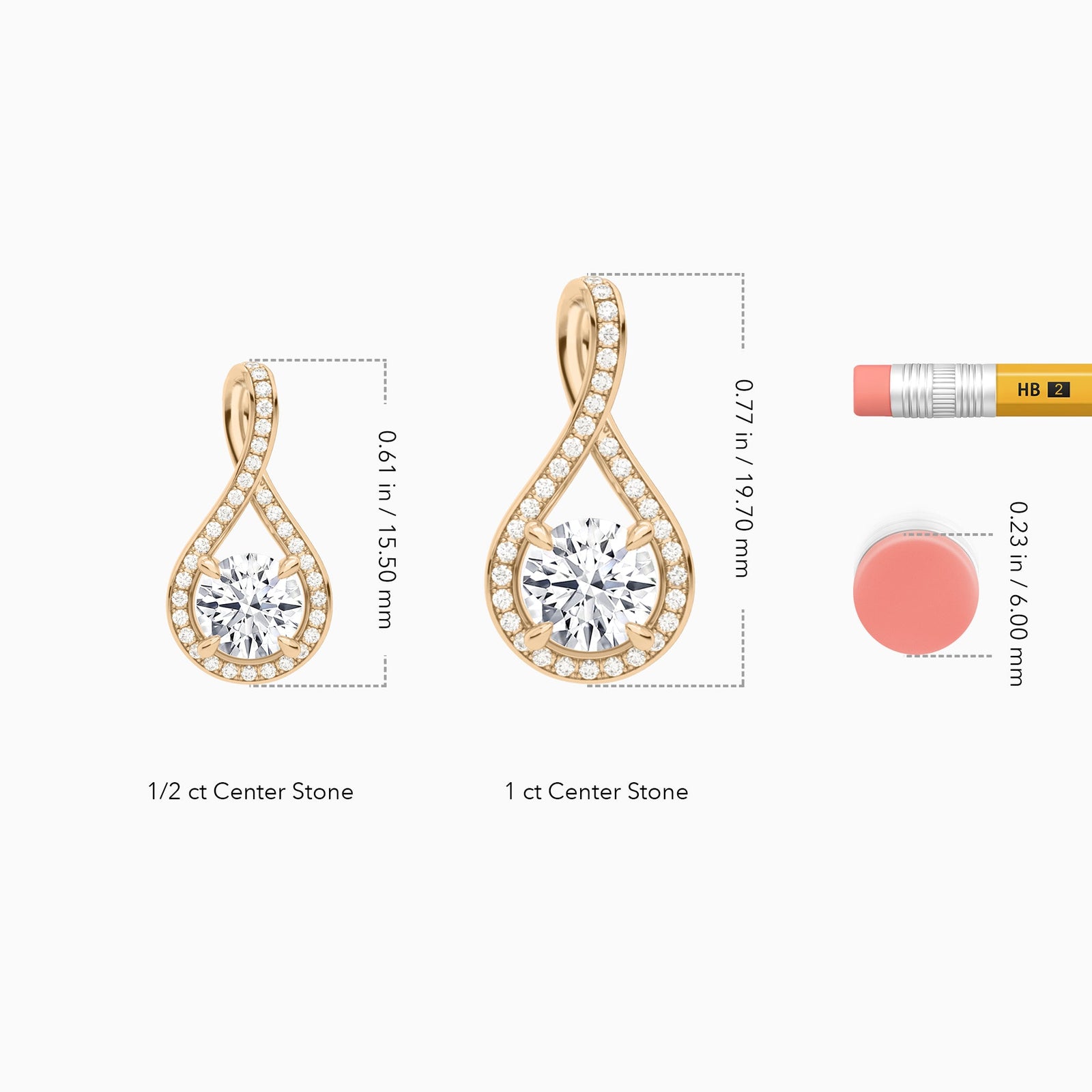 Lab Grown Diamond Round Halo Pavé Twist Pendant Necklace In 14K Rose Gold - Size Comparison