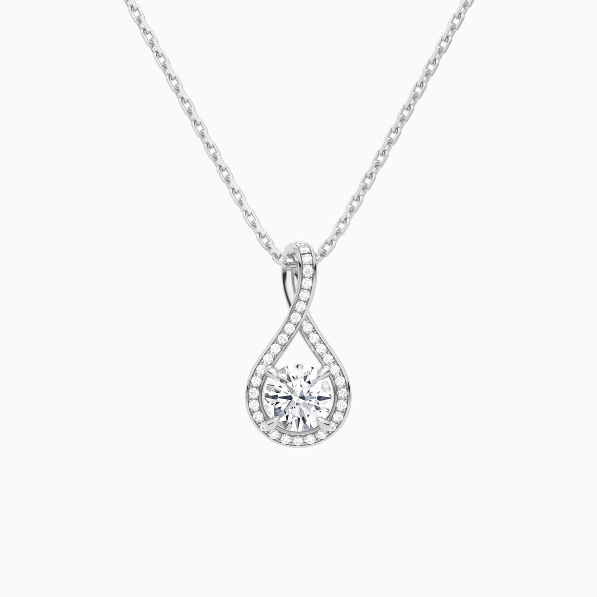 Lab Grown Diamond Round Halo Pavé Twist Pendant Necklace In 18K White Gold - Lucenjuri