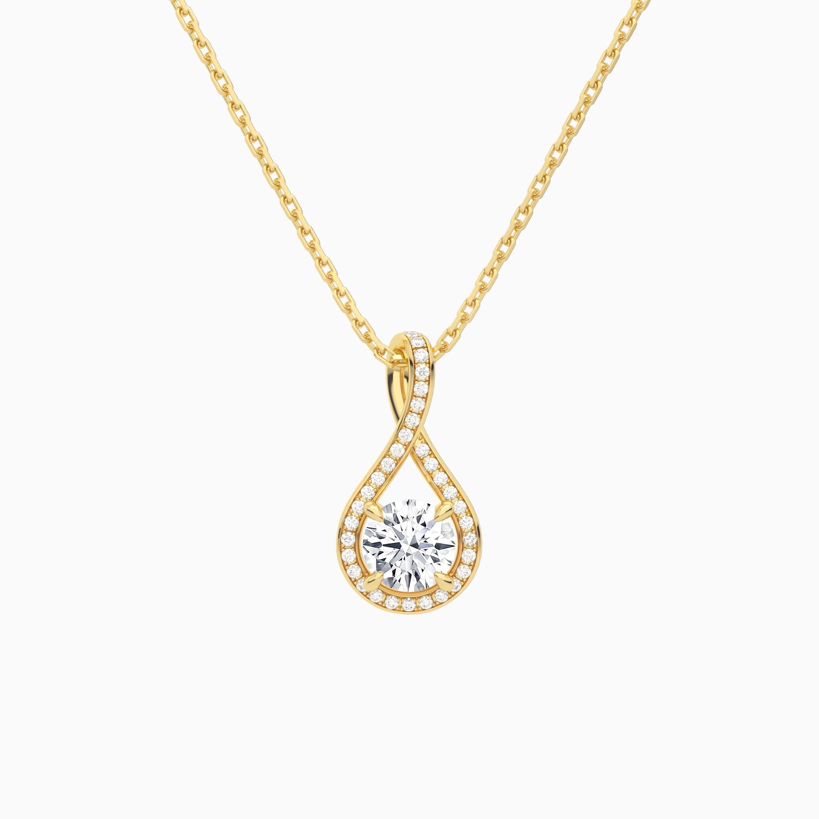 Lab Grown Diamond Round Halo Pavé Twist Pendant Necklace In 18K Yellow Gold - Lucenjuri