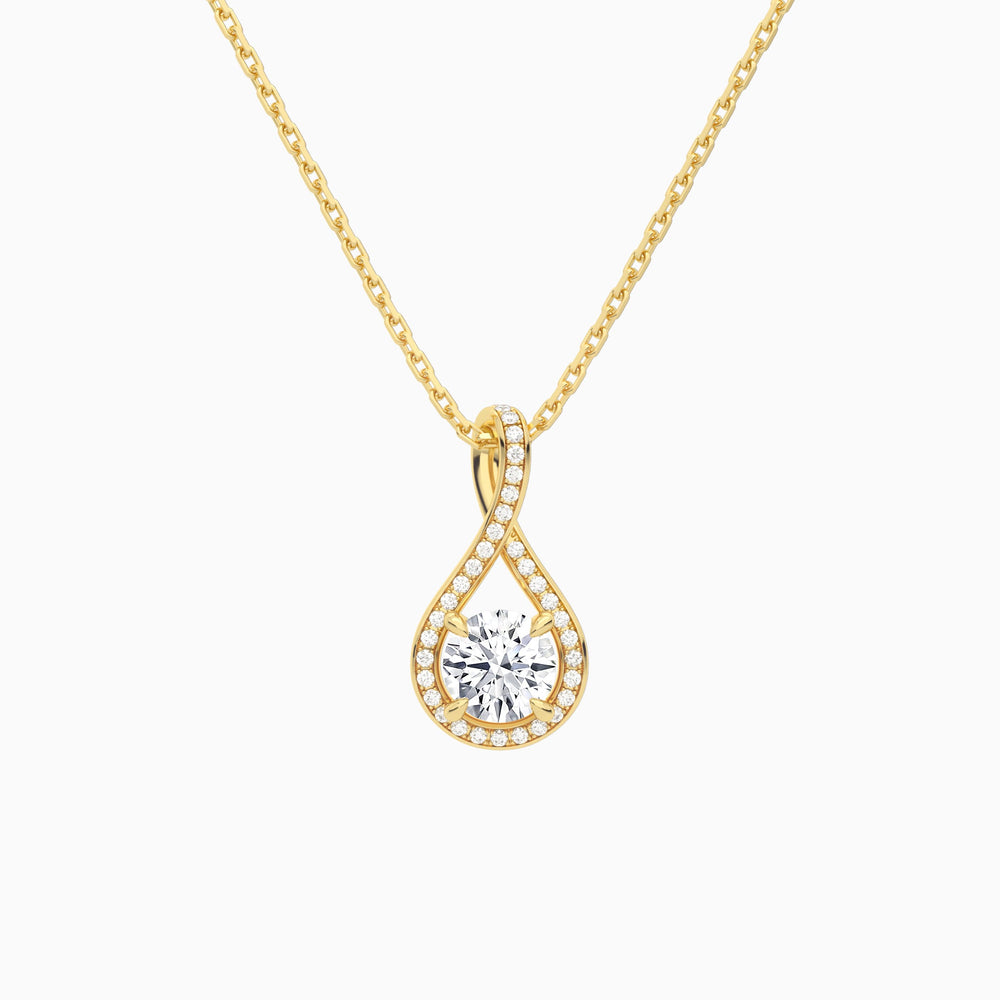 Lab Grown Diamond Round Halo Pavé Twist Pendant Necklace In 14K Yellow Gold - Lucenjuri