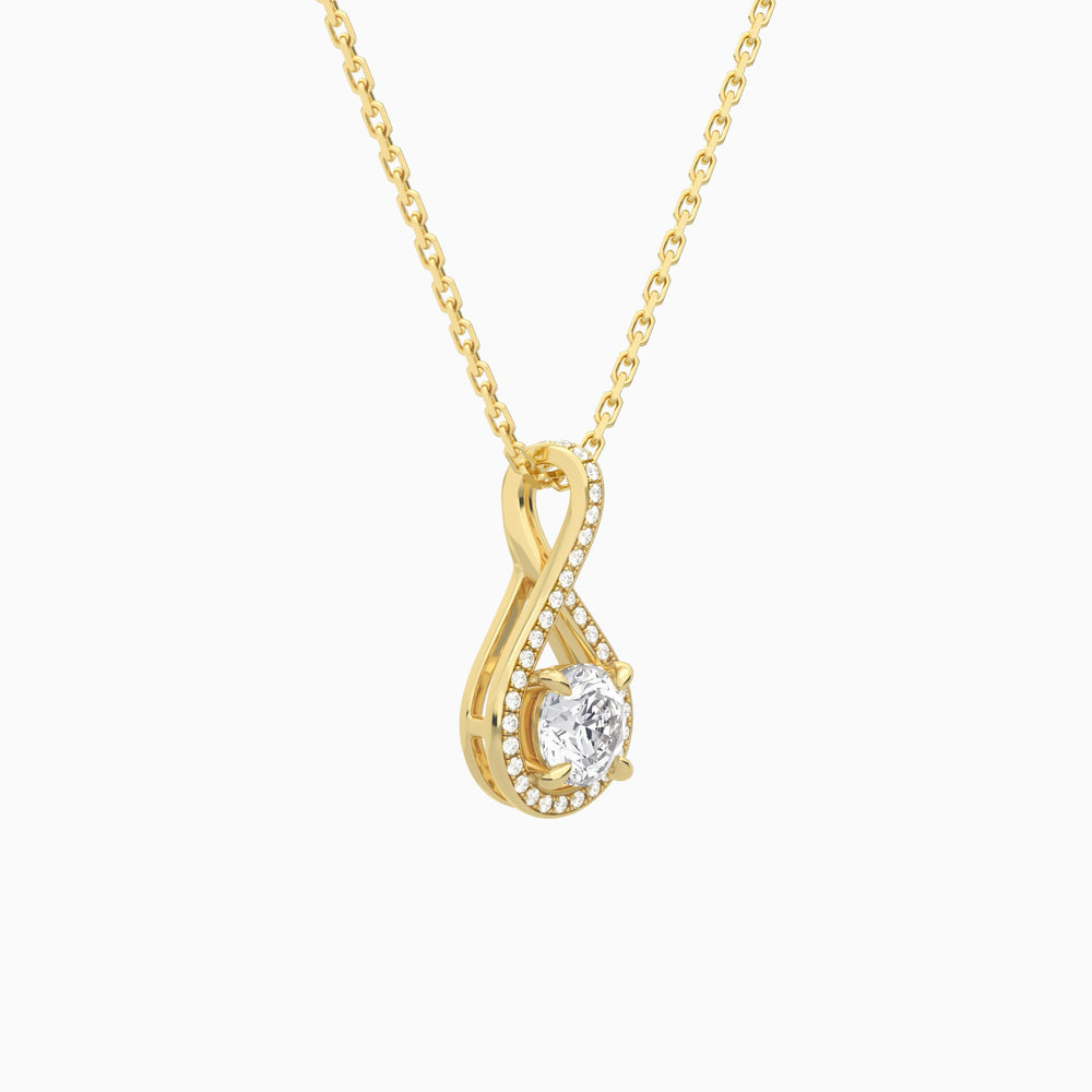 Lab Grown Diamond Round Halo Pavé Twist Pendant Necklace In 14K Yellow Gold - Front Angle View