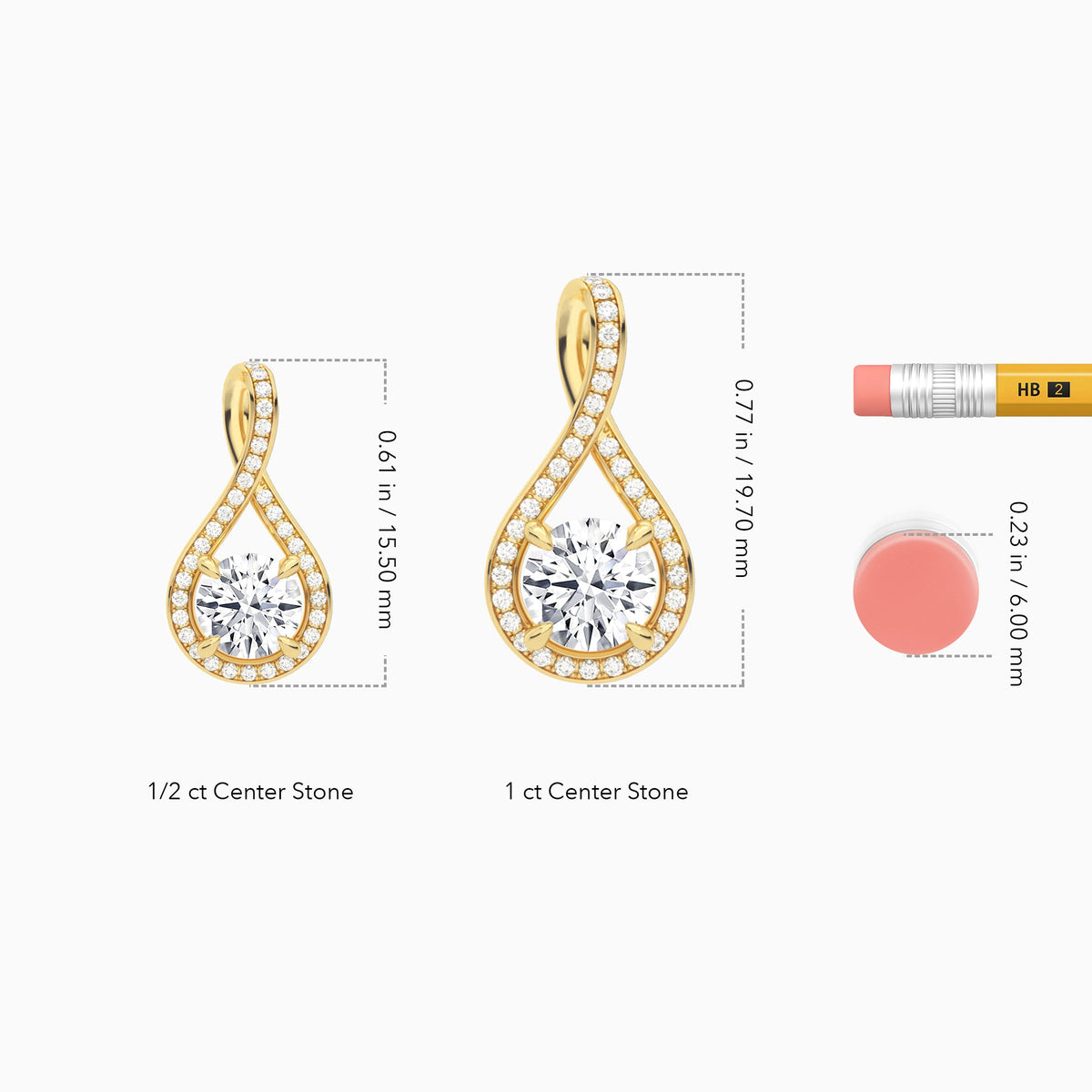 Lab Grown Diamond Round Halo Pavé Twist Pendant Necklace In 14K Yellow Gold - Size Comparison