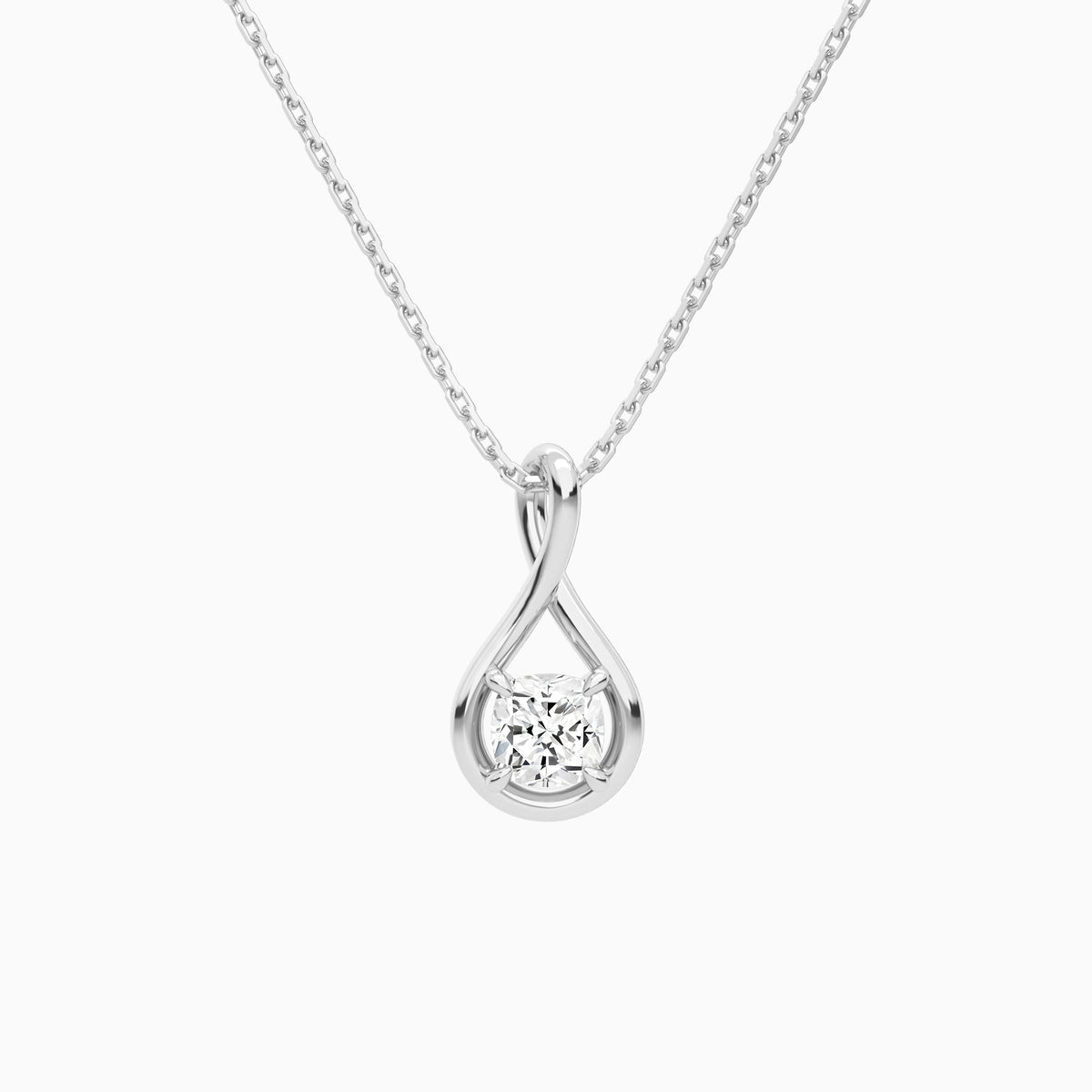 Lab Grown Diamond Cushion Solitaire Twist Pendant Necklace In 18K White Gold - Lucenjuri