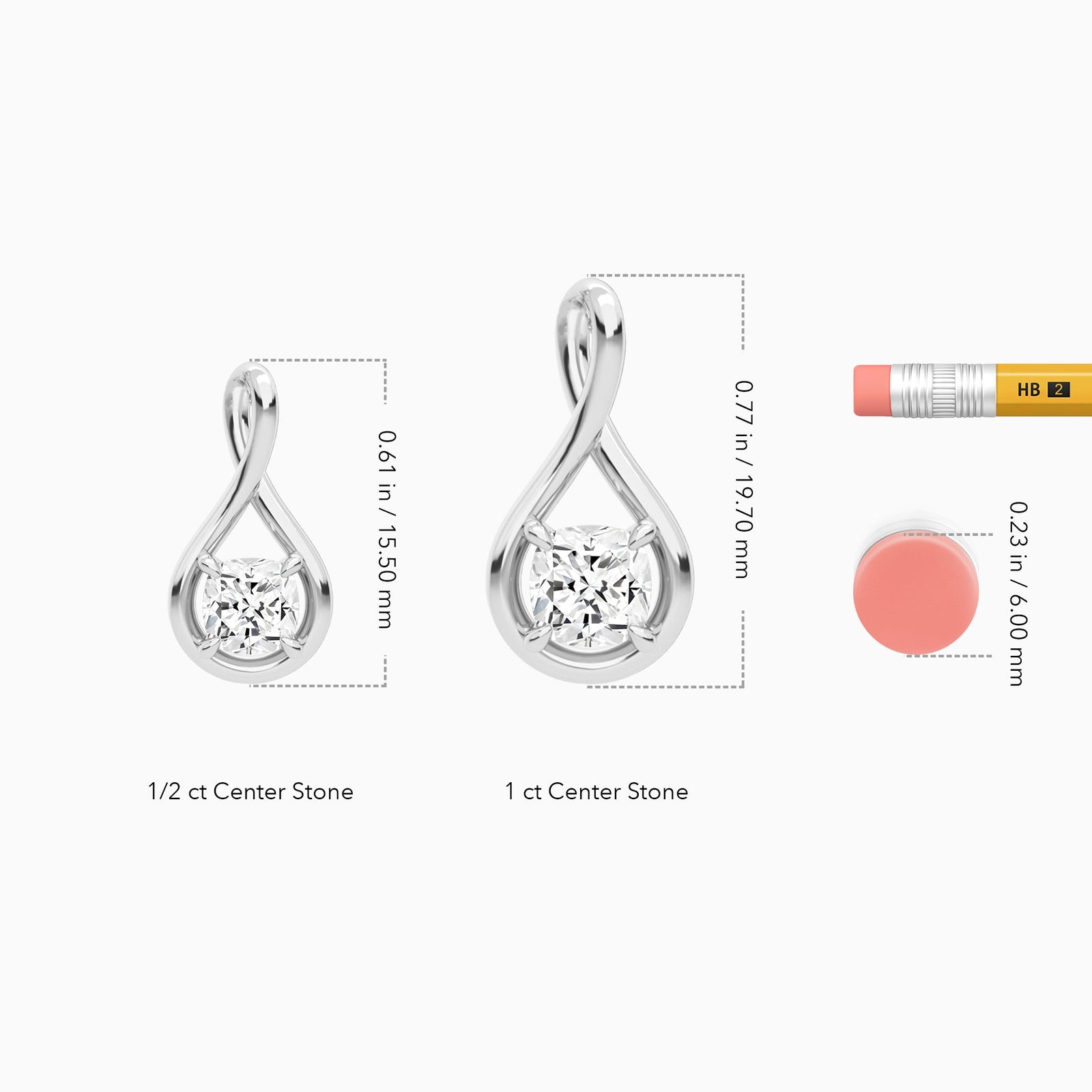 Lab Grown Diamond Cushion Solitaire Twist Pendant Necklace In 14K White Gold - Size Comparison