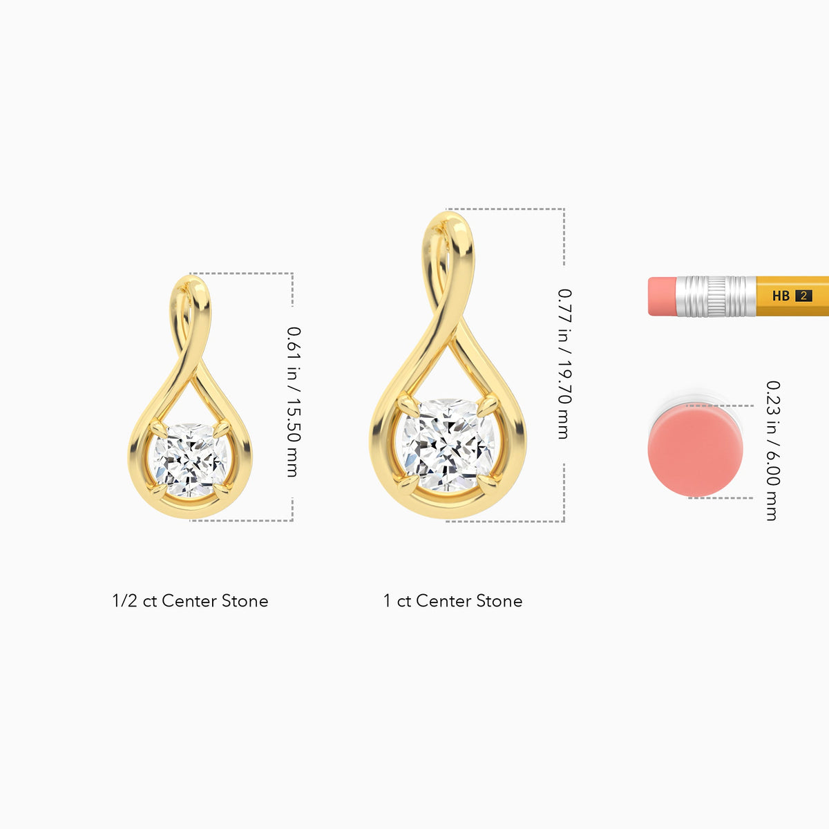 Lab Grown Diamond Cushion Solitaire Twist Pendant Necklace In 18K Yellow Gold - Size Comparison