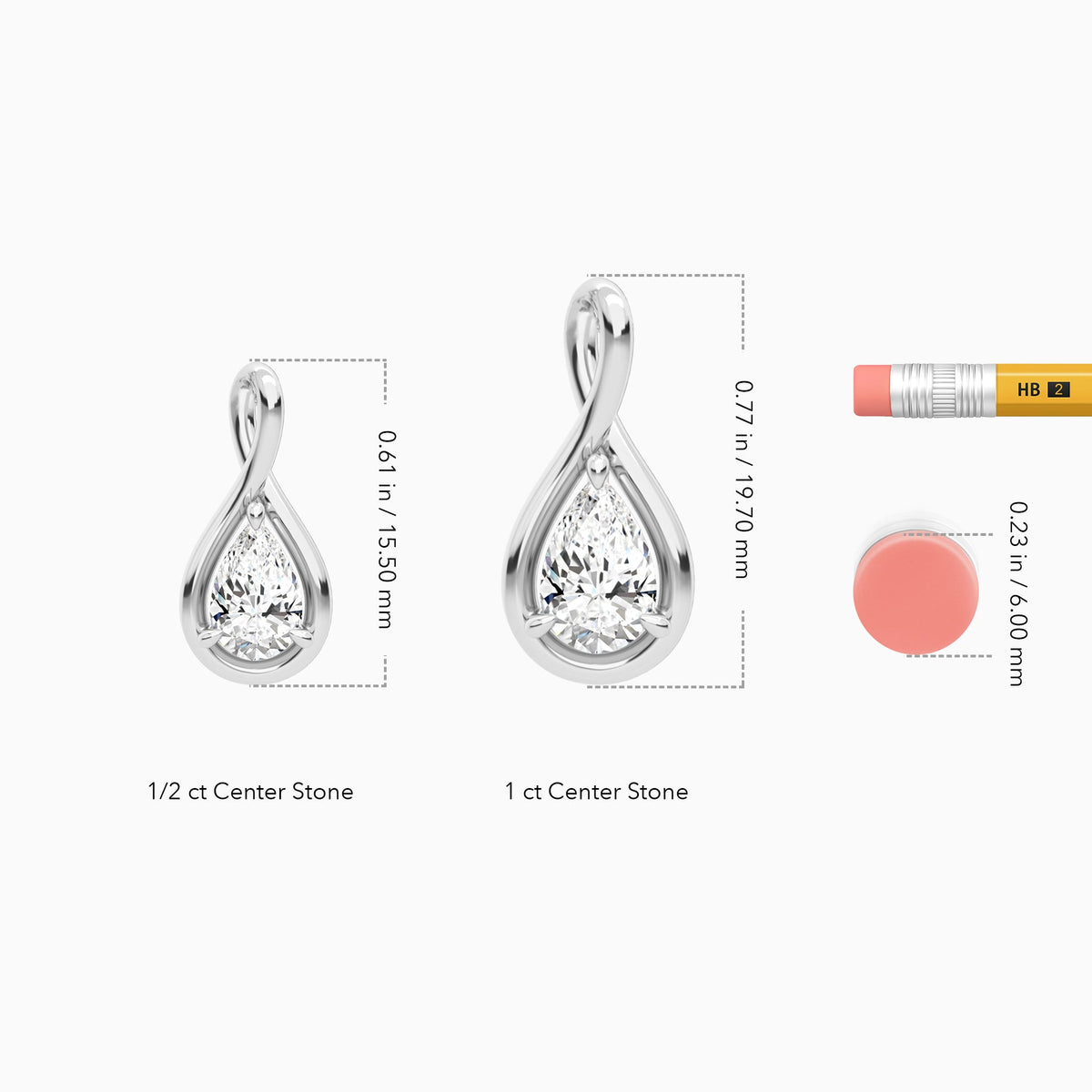 Lab Grown Diamond Pear Solitaire Twist Pendant Necklace In Platinum - Size Comparison