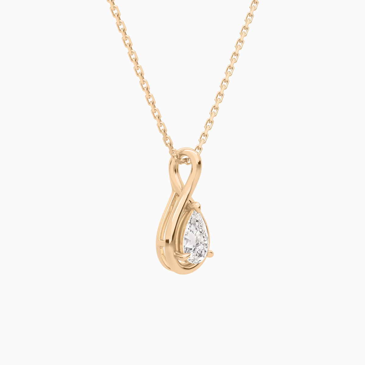 Lab Grown Diamond Pear Solitaire Twist Pendant Necklace In 14K Rose Gold - Front Angle View