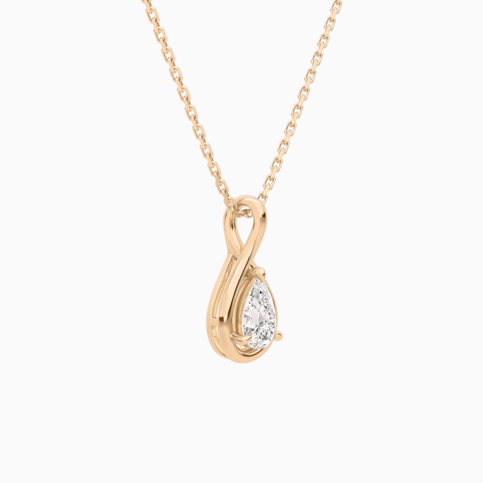 Lab Grown Diamond Pear Solitaire Twist Pendant Necklace In 14K Rose Gold - Front Angle View