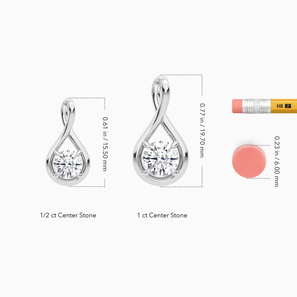 Lab Grown Diamond Round Solitaire Twist Pendant Necklace In 18K White Gold - Size Comparison