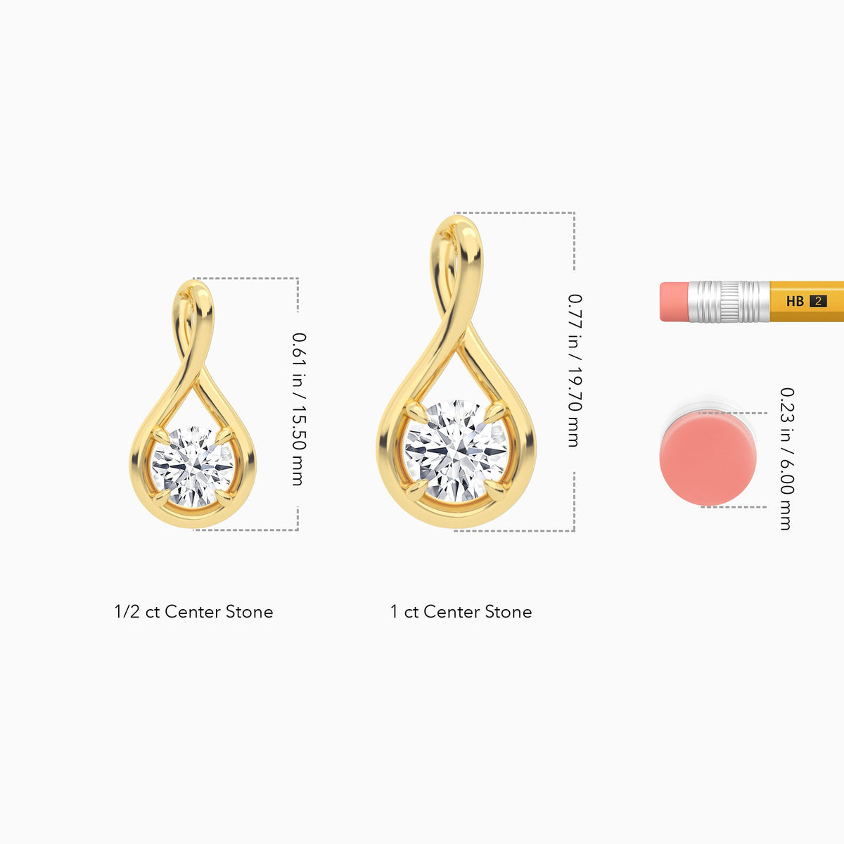 Lab Grown Diamond Round Solitaire Twist Pendant Necklace In 18K Yellow Gold - Size Comparison
