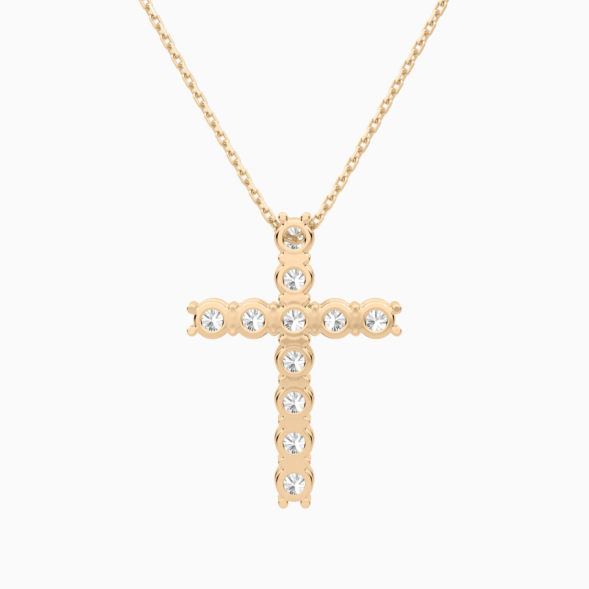 Shared Prong Round Lab Grown Diamond Cross Necklace In 14K Rose Gold - Back View