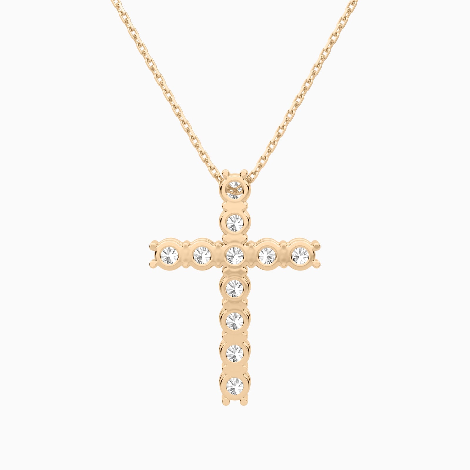 Shared Prong Round Lab Grown Diamond Cross Necklace In 14K Rose Gold - Back View